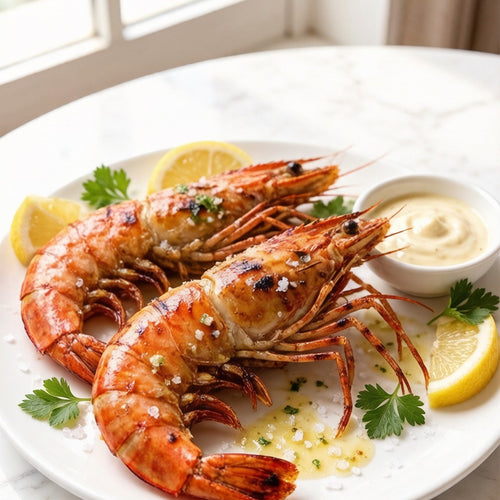 Black tiger prawns with bold stripes on ice