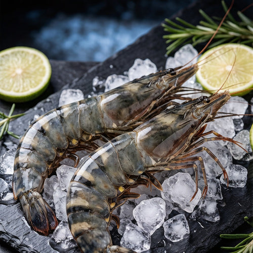 Black tiger prawns with bold stripes on ice
