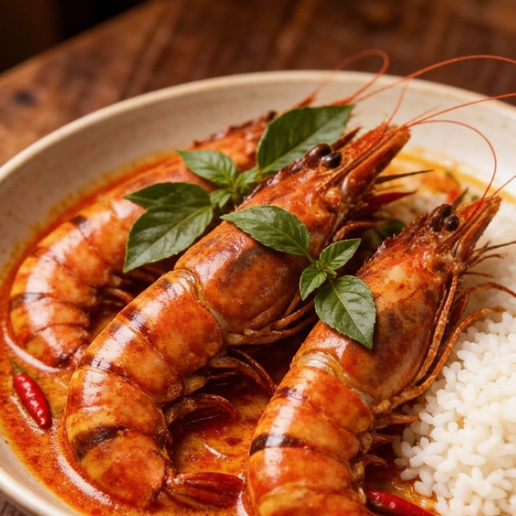 Black tiger prawns with bold stripes on ice