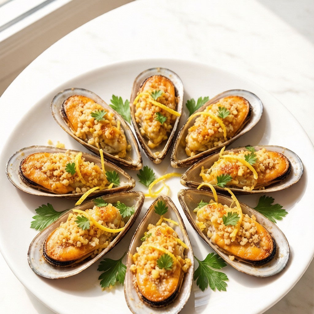 Green mussels opened on a bed of ice