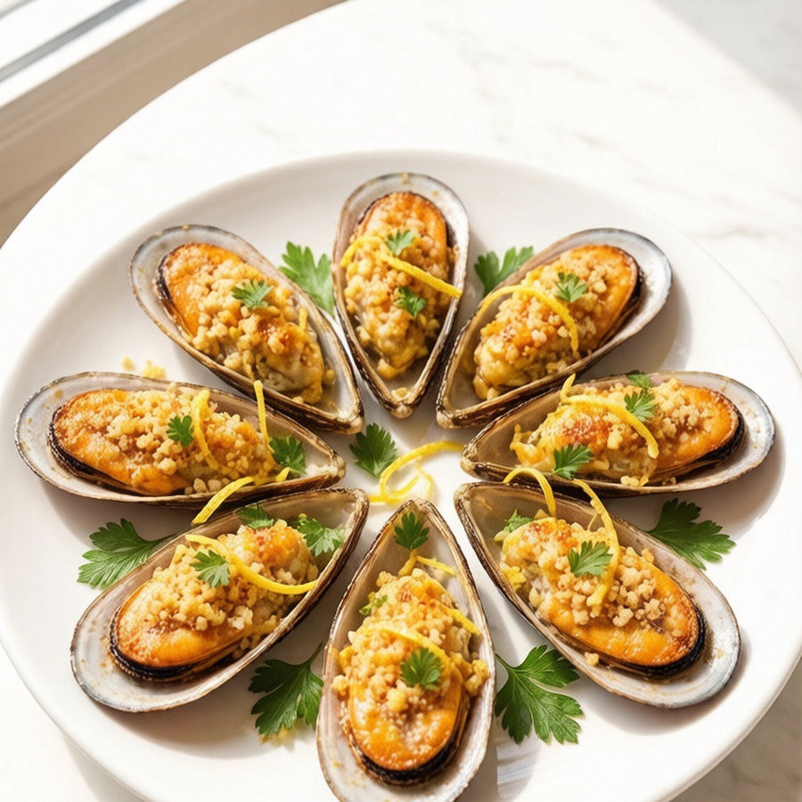 Green mussels opened on a bed of ice