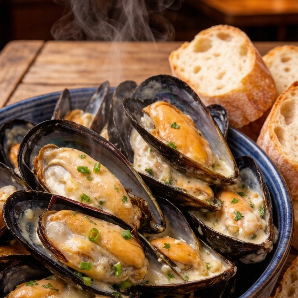 Green mussels opened on a bed of ice
