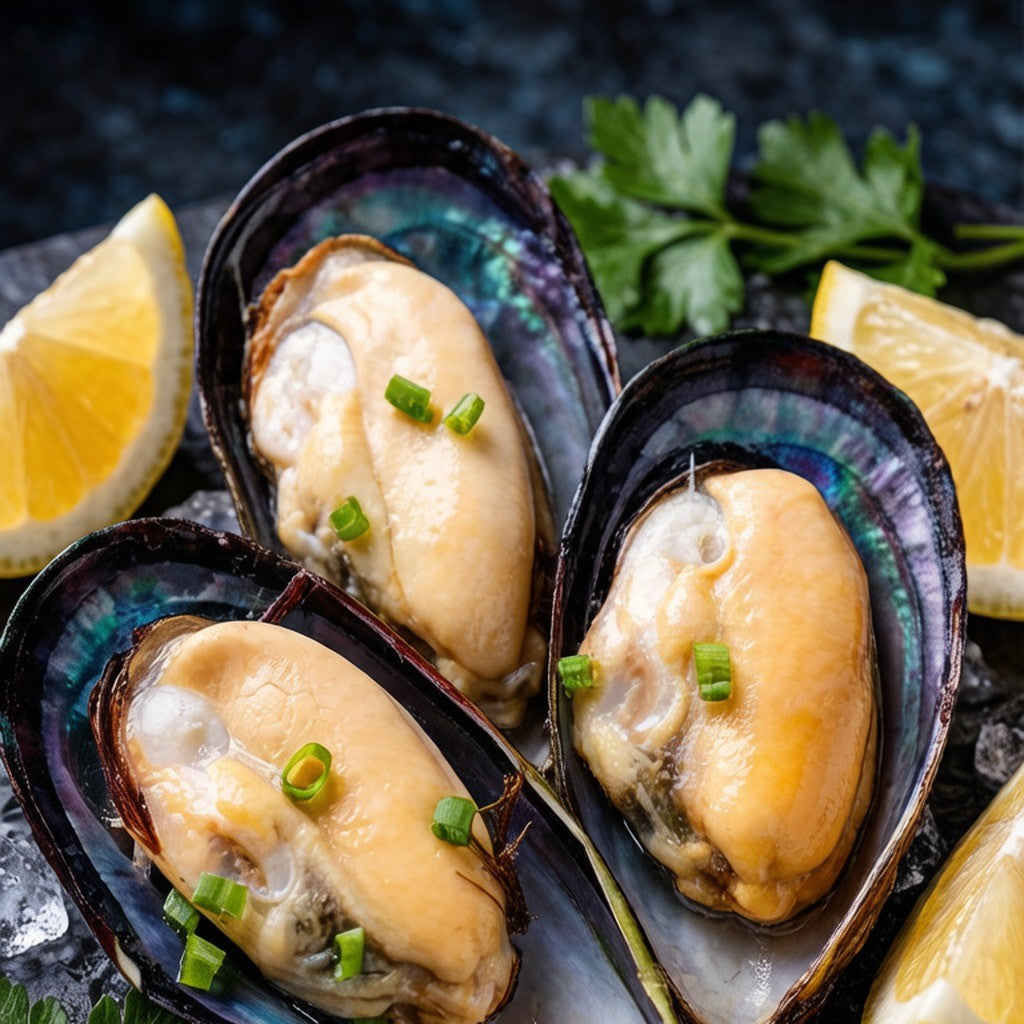 Green mussels opened on a bed of ice
