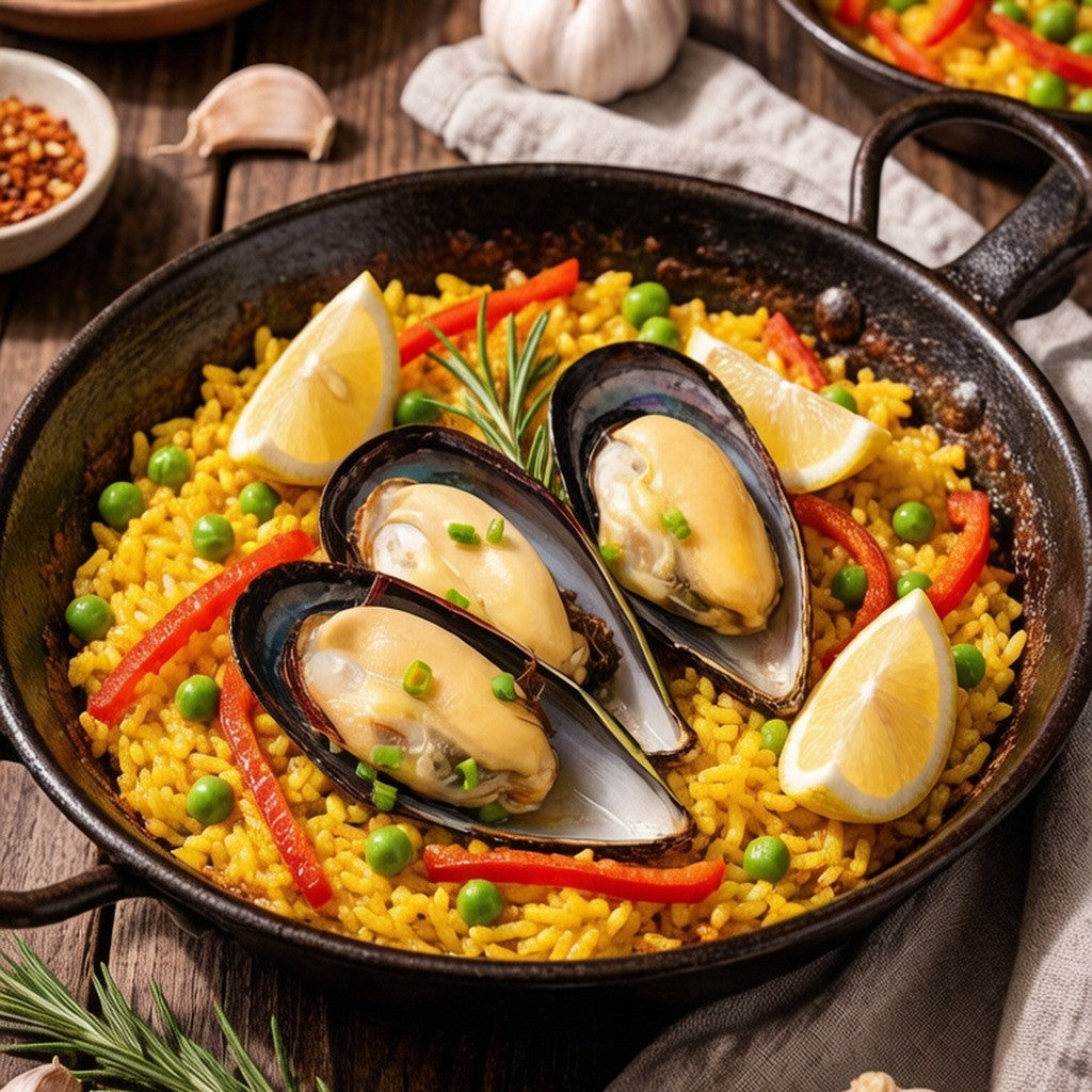 Green mussels opened on a bed of ice