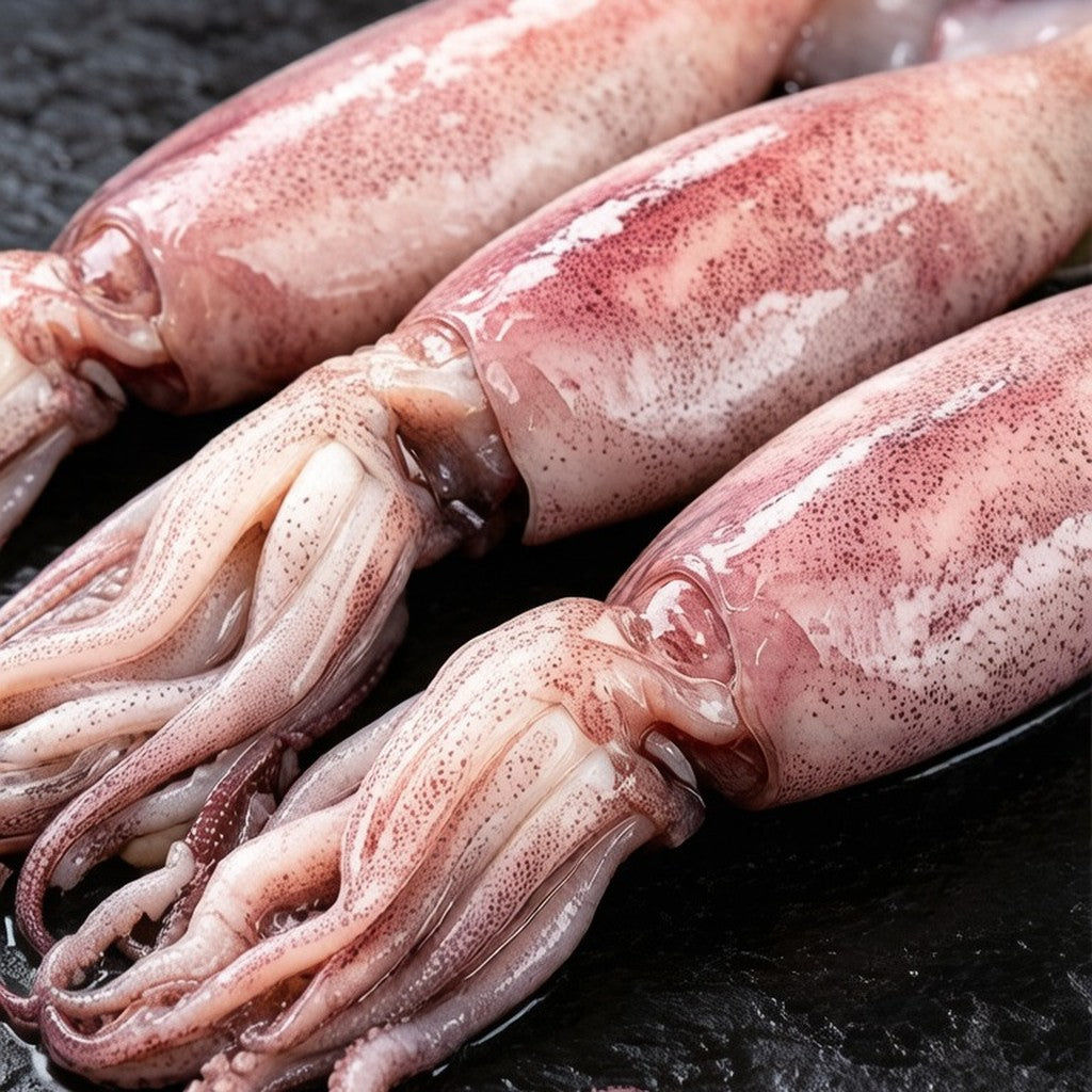 Whole fresh squid on ice with scored tubes
