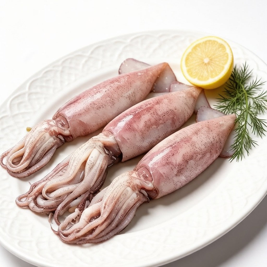 Whole fresh squid on ice with scored tubes