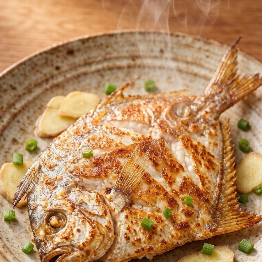 Whole silver pomfret with iridescent scales on ice