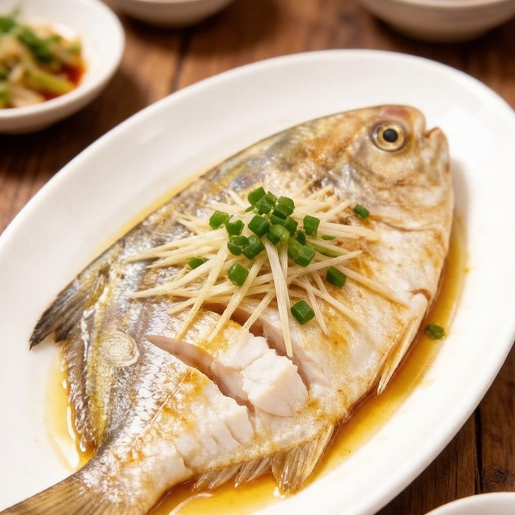 Whole silver pomfret with iridescent scales on ice