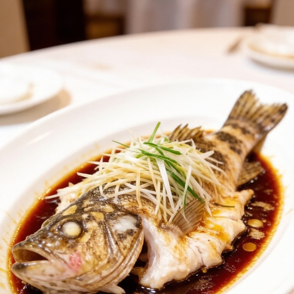 Whole red grouper on crushed ice with garnish