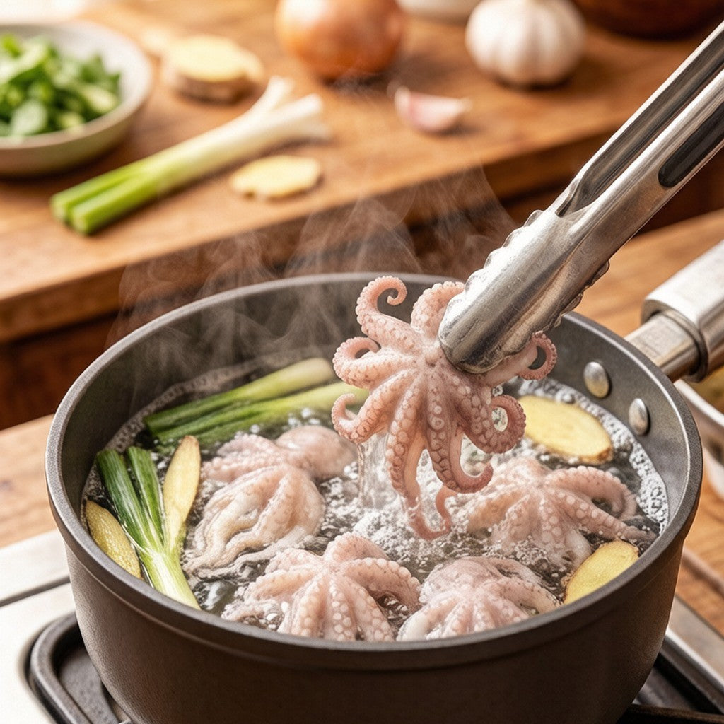 Wild baby octopus arranged on crushed ice